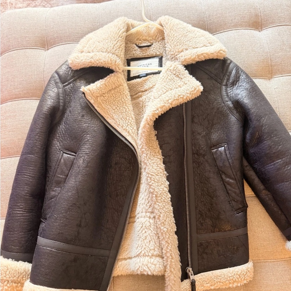 American Eagle Outfitters Black and Cream Bomber Jacket